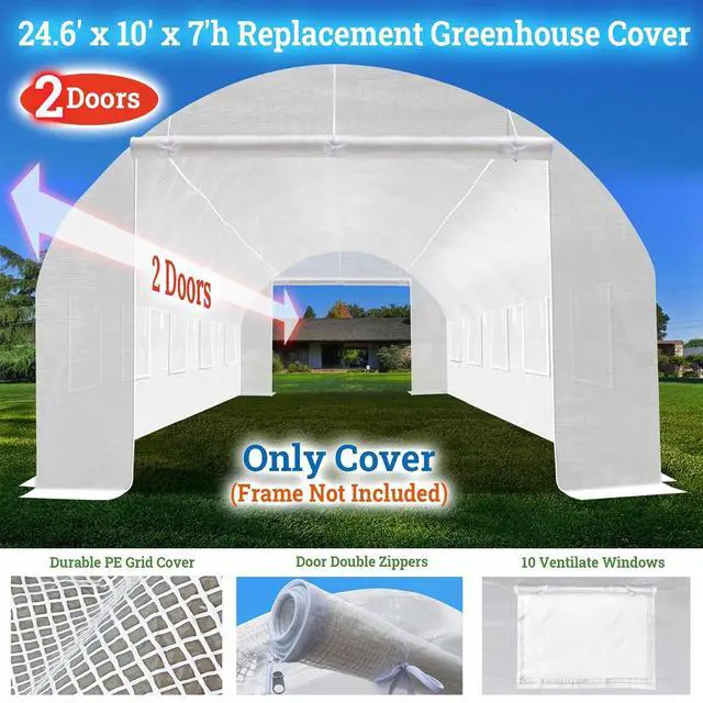 Alt view image 2 of 7 - YardGrow 2-Doors Replacement Greenhouse Cover for Larger Walk in Outdoor Yard Plant Gardening Hot House, Cover ONLY (24.6'x10'x7', White)