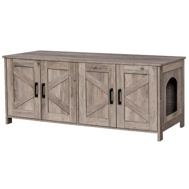 Alt view image 7 of 7 - Homhedy 47.2L Cat Litter Box Enclosure for 2 Cats, Greige | Wooden Litter Box Furniture Hidden with Double Room, Cat Washroom, Cat House, Dog-Proof, TV Stand,Farmhouse Style