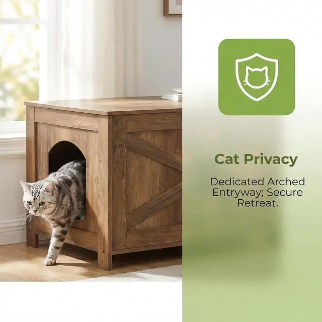 Alt view image 2 of 7 - Homhedy 31.5" L Cat Litter Box Enclosure with Barn Door, Rustic Walnut | Wooden Cat Washroom Furniture, Cat House, Pet Storage Cabinet, Dog-Proof, Fit Most of Litter Box, Farmhouse Style