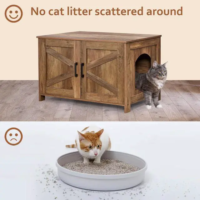 Alt view image 3 of 7 - Homhedy 31.5" L Cat Litter Box Enclosure with Barn Door, Rustic Walnut | Wooden Cat Washroom Furniture, Cat House, Pet Storage Cabinet, Dog-Proof, Fit Most of Litter Box, Farmhouse Style