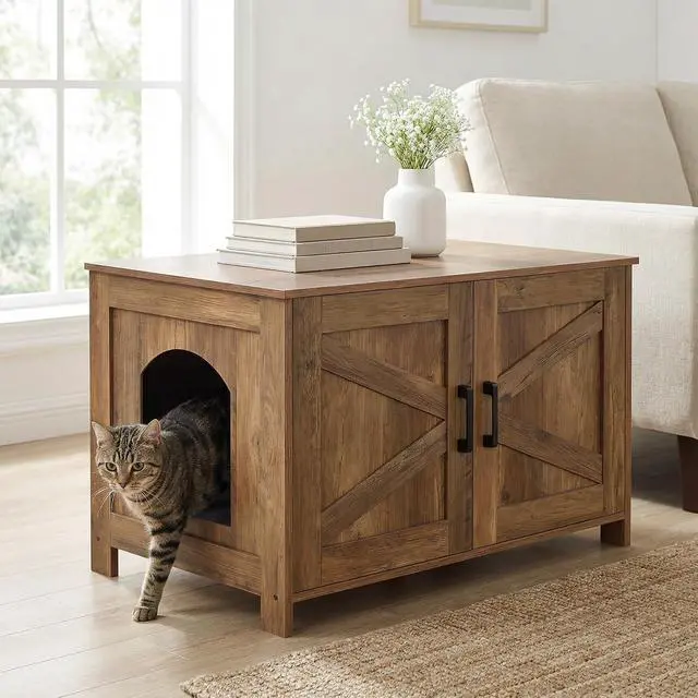 Alt view image 7 of 7 - Homhedy 31.5" L Cat Litter Box Enclosure with Barn Door, Rustic Walnut | Wooden Cat Washroom Furniture, Cat House, Pet Storage Cabinet, Dog-Proof, Fit Most of Litter Box, Farmhouse Style