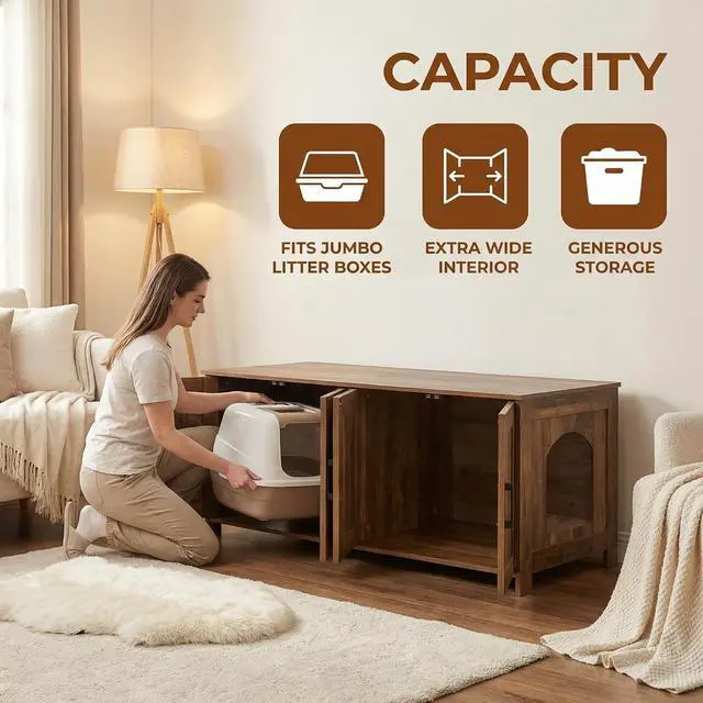 Alt view image 2 of 7 - Homhedy 47.2L Cat Litter Box Enclosure for 2 Cats, Rustic Walnut | Wooden Litter Box Furniture Hidden with Double Room, Cat Washroom, Cat House, Dog-Proof, TV Stand,Farmhouse Style