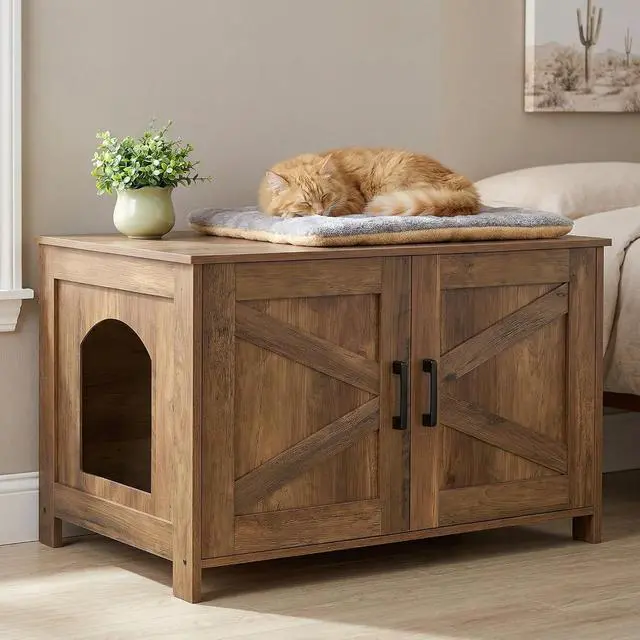 Alt view image 6 of 7 - Homhedy 31.5" L Cat Litter Box Enclosure with Barn Door, Rustic Walnut | Wooden Cat Washroom Furniture, Cat House, Pet Storage Cabinet, Dog-Proof, Fit Most of Litter Box, Farmhouse Style