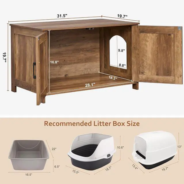Alt view image 5 of 7 - Homhedy 31.5" L Cat Litter Box Enclosure with Barn Door, Rustic Walnut | Wooden Cat Washroom Furniture, Cat House, Pet Storage Cabinet, Dog-Proof, Fit Most of Litter Box, Farmhouse Style