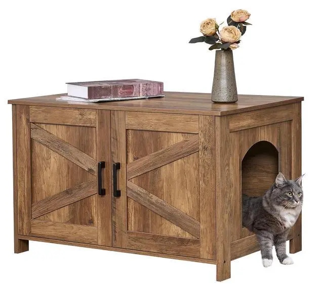 Main image of Homhedy 31.5" L Cat Litter Box Enclosure with Barn Door, Rustic Walnut | Wooden Cat Washroom Furniture, Cat House, Pet Storage Cabinet, Dog-Proof, Fit Most of Litter Box, Farmhouse Style