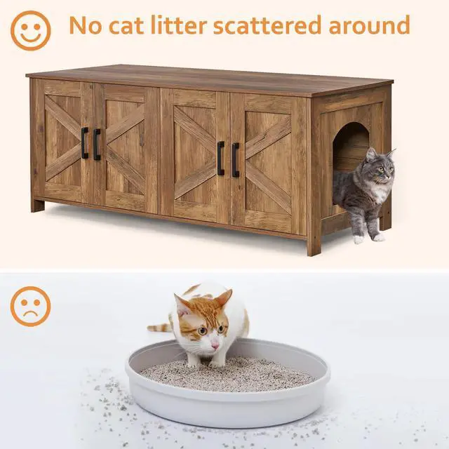 Alt view image 4 of 7 - Homhedy 47.2L Cat Litter Box Enclosure for 2 Cats, Rustic Walnut | Wooden Litter Box Furniture Hidden with Double Room, Cat Washroom, Cat House, Dog-Proof, TV Stand,Farmhouse Style