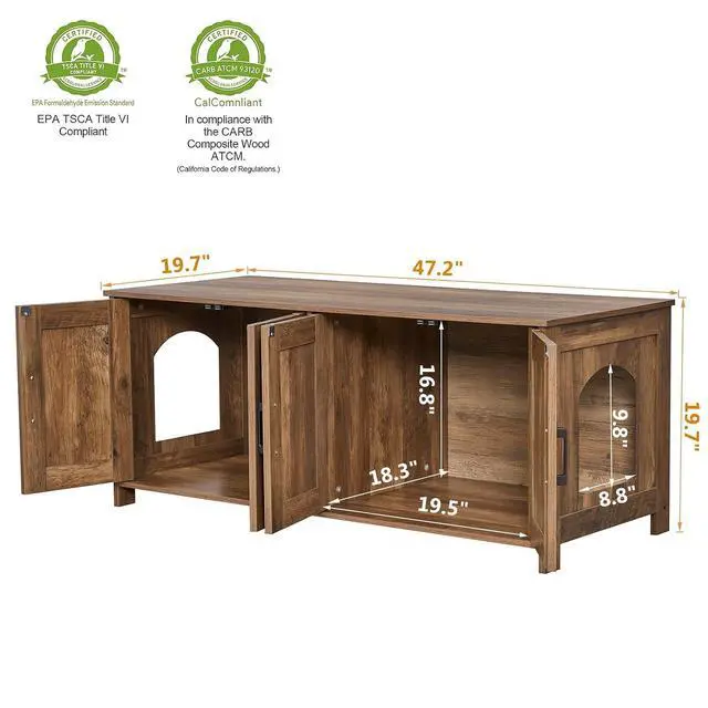 Alt view image 5 of 7 - Homhedy 47.2L Cat Litter Box Enclosure for 2 Cats, Rustic Walnut | Wooden Litter Box Furniture Hidden with Double Room, Cat Washroom, Cat House, Dog-Proof, TV Stand,Farmhouse Style