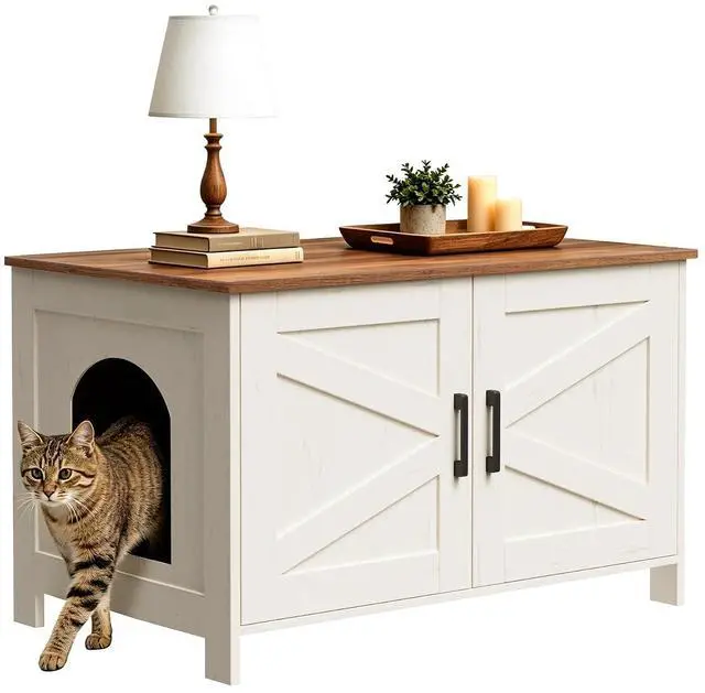 Main image of Homhedy Cat Litter Box Enclosure,Litter Box Furniture Hidden with Barn Door,Wooden Cat Washroom Furniture,Fit Most of Litter Box, Rustic White and Brown
