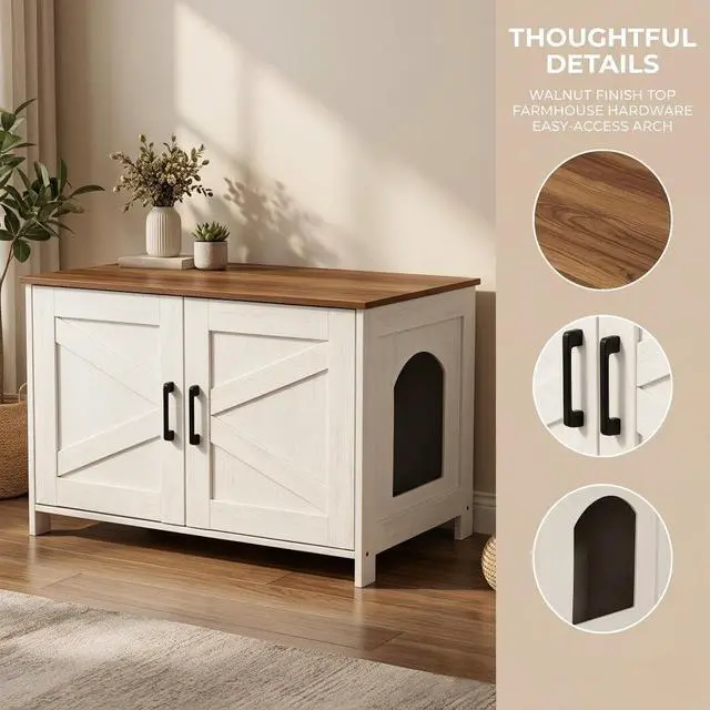 Alt view image 5 of 7 - Homhedy Cat Litter Box Enclosure,Litter Box Furniture Hidden with Barn Door,Wooden Cat Washroom Furniture,Fit Most of Litter Box, Rustic White and Brown