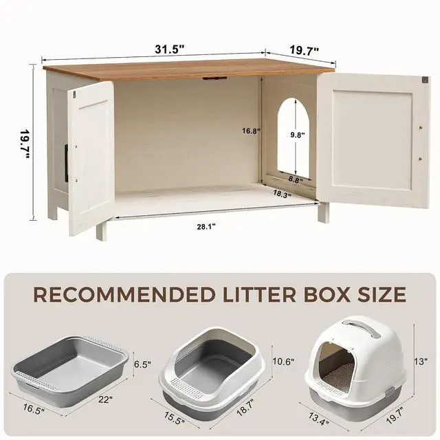 Alt view image 4 of 7 - Homhedy Cat Litter Box Enclosure,Litter Box Furniture Hidden with Barn Door,Wooden Cat Washroom Furniture,Fit Most of Litter Box, Rustic White and Brown