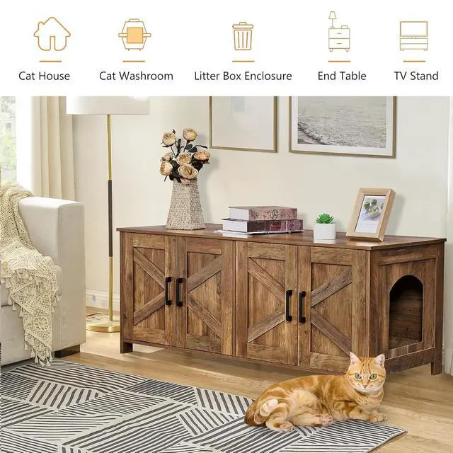 Alt view image 6 of 7 - Homhedy 47.2L Cat Litter Box Enclosure for 2 Cats, Rustic Walnut | Wooden Litter Box Furniture Hidden with Double Room, Cat Washroom, Cat House, Dog-Proof, TV Stand,Farmhouse Style