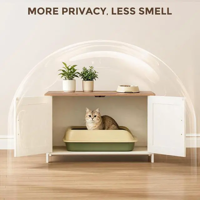 Alt view image 2 of 7 - Homhedy Cat Litter Box Enclosure,Litter Box Furniture Hidden with Barn Door,Wooden Cat Washroom Furniture,Fit Most of Litter Box, Rustic White and Brown