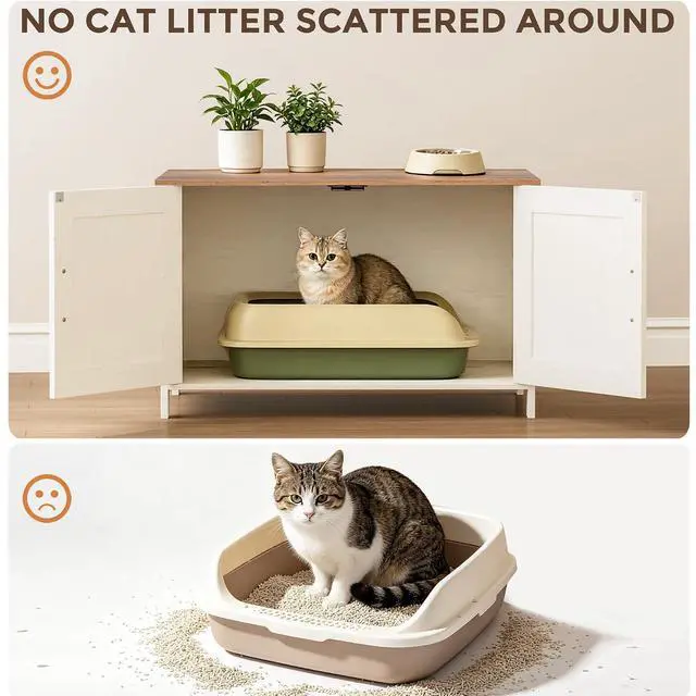 Alt view image 3 of 7 - Homhedy Cat Litter Box Enclosure,Litter Box Furniture Hidden with Barn Door,Wooden Cat Washroom Furniture,Fit Most of Litter Box, Rustic White and Brown