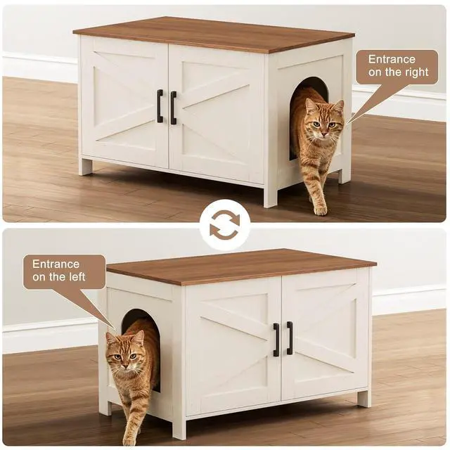 Alt view image 6 of 7 - Homhedy Cat Litter Box Enclosure,Litter Box Furniture Hidden with Barn Door,Wooden Cat Washroom Furniture,Fit Most of Litter Box, Rustic White and Brown