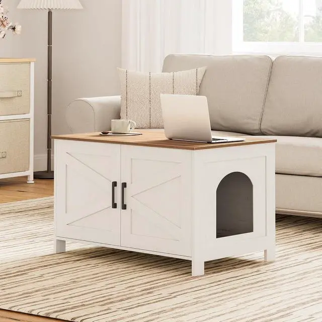 Alt view image 7 of 7 - Homhedy Cat Litter Box Enclosure,Litter Box Furniture Hidden with Barn Door,Wooden Cat Washroom Furniture,Fit Most of Litter Box, Rustic White and Brown