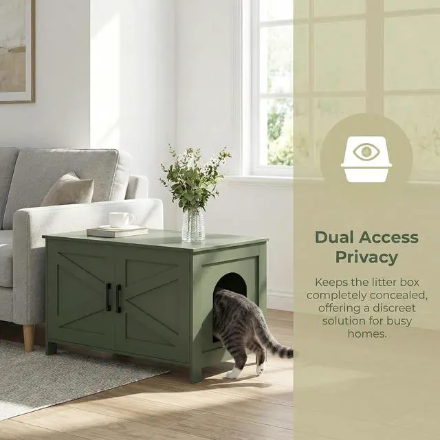 Alt view image 2 of 7 - Homhedy 31.5" L Cat Litter Box Enclosure with Barn Door, Green | Wooden Cat Washroom Furniture, Cat House, Pet Storage Cabinet, Dog-Proof, Fit Most of Litter Box, Farmhouse Style