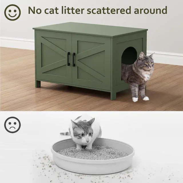 Alt view image 4 of 7 - Homhedy 31.5" L Cat Litter Box Enclosure with Barn Door, Green | Wooden Cat Washroom Furniture, Cat House, Pet Storage Cabinet, Dog-Proof, Fit Most of Litter Box, Farmhouse Style