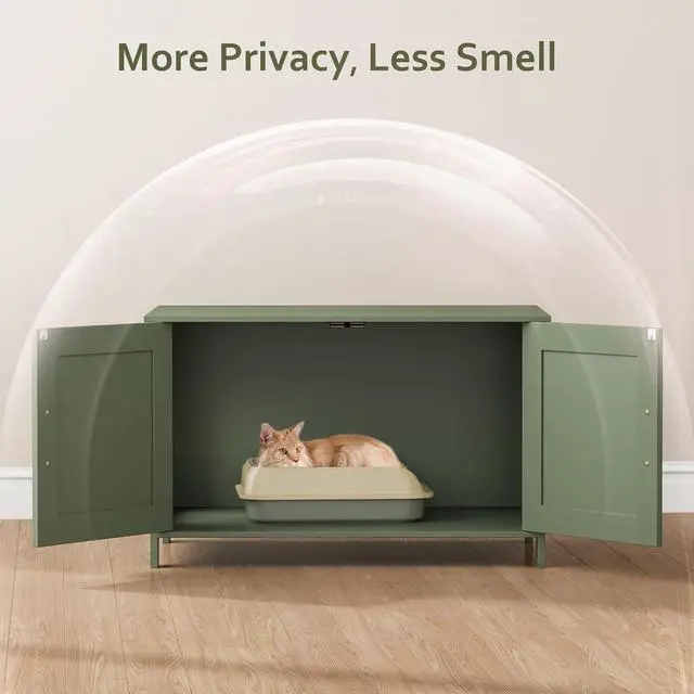 Alt view image 3 of 7 - Homhedy 31.5" L Cat Litter Box Enclosure with Barn Door, Green | Wooden Cat Washroom Furniture, Cat House, Pet Storage Cabinet, Dog-Proof, Fit Most of Litter Box, Farmhouse Style