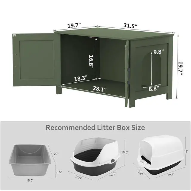 Alt view image 5 of 7 - Homhedy 31.5" L Cat Litter Box Enclosure with Barn Door, Green | Wooden Cat Washroom Furniture, Cat House, Pet Storage Cabinet, Dog-Proof, Fit Most of Litter Box, Farmhouse Style