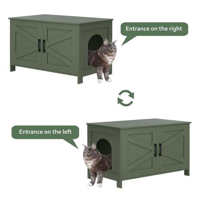 Alt view image 7 of 7 - Homhedy 31.5" L Cat Litter Box Enclosure with Barn Door, Green | Wooden Cat Washroom Furniture, Cat House, Pet Storage Cabinet, Dog-Proof, Fit Most of Litter Box, Farmhouse Style