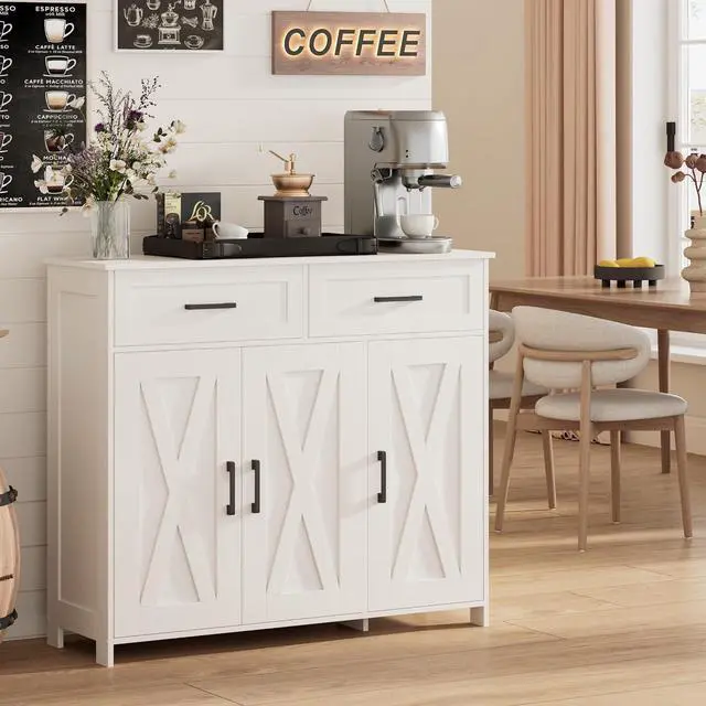 Main image of Homhedy Coffee Bar Storage Cabinet with Drawers, Kitchen Buffet Cabinet | Sideboard Cabinet with Doors, Farmhouse Buffet Cabinet, Adjustable Shelves, for Kitchen / Dining / Living Room, White