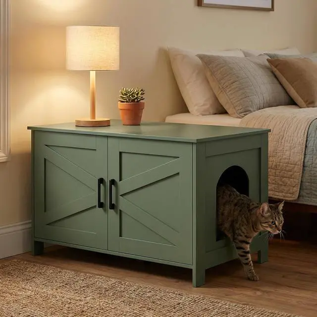 Alt view image 6 of 7 - Homhedy 31.5" L Cat Litter Box Enclosure with Barn Door, Green | Wooden Cat Washroom Furniture, Cat House, Pet Storage Cabinet, Dog-Proof, Fit Most of Litter Box, Farmhouse Style