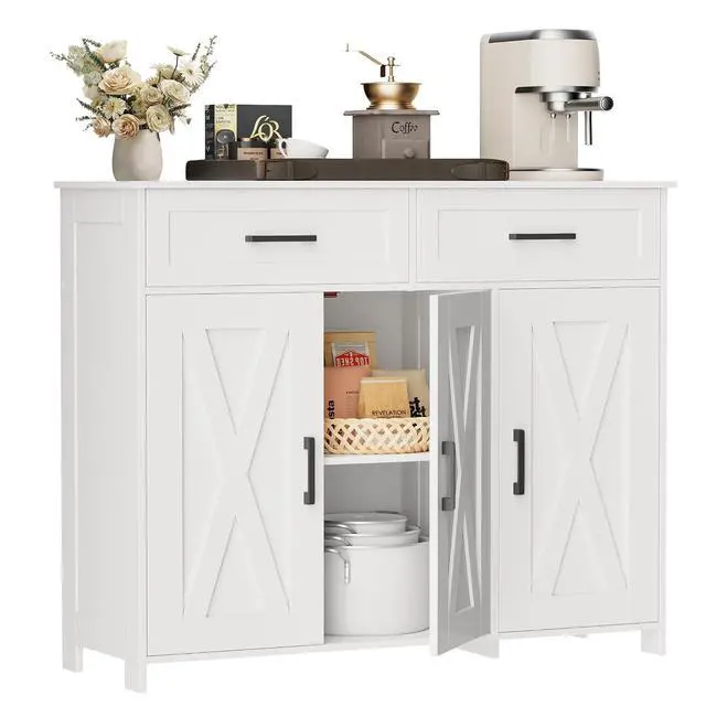 Alt view image 3 of 7 - Homhedy Coffee Bar Storage Cabinet with Drawers, Kitchen Buffet Cabinet | Sideboard Cabinet with Doors, Farmhouse Buffet Cabinet, Adjustable Shelves, for Kitchen / Dining / Living Room, White
