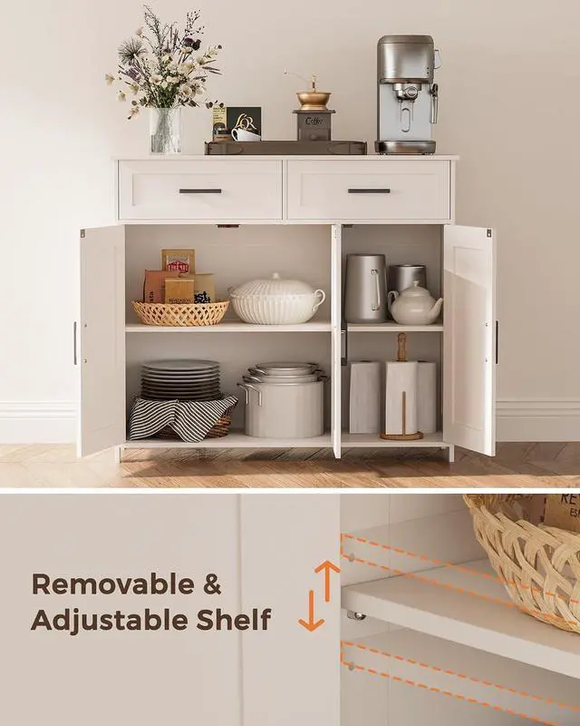 Alt view image 4 of 7 - Homhedy Coffee Bar Storage Cabinet with Drawers, Kitchen Buffet Cabinet | Sideboard Cabinet with Doors, Farmhouse Buffet Cabinet, Adjustable Shelves, for Kitchen / Dining / Living Room, White