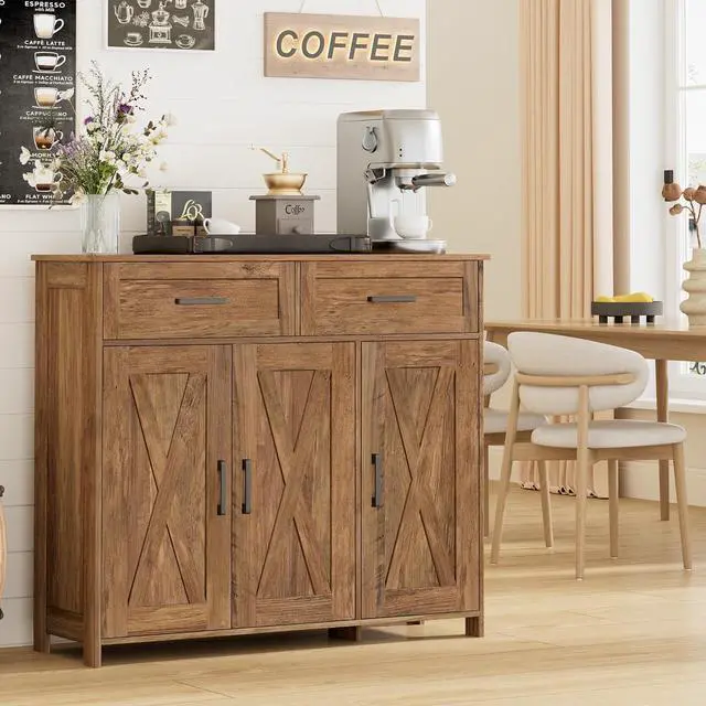Main image of Homhedy Coffee Bar Storage Cabinet with Drawers, Kitchen Buffet Cabinet | Sideboard Cabinet with Doors, Farmhouse Buffet Cabinet, Adjustable Shelves, for Kitchen / Dining / Living Room, Rustic Walnut