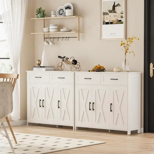Alt view image 7 of 7 - Homhedy Coffee Bar Storage Cabinet with Drawers, Kitchen Buffet Cabinet | Sideboard Cabinet with Doors, Farmhouse Buffet Cabinet, Adjustable Shelves, for Kitchen / Dining / Living Room, White
