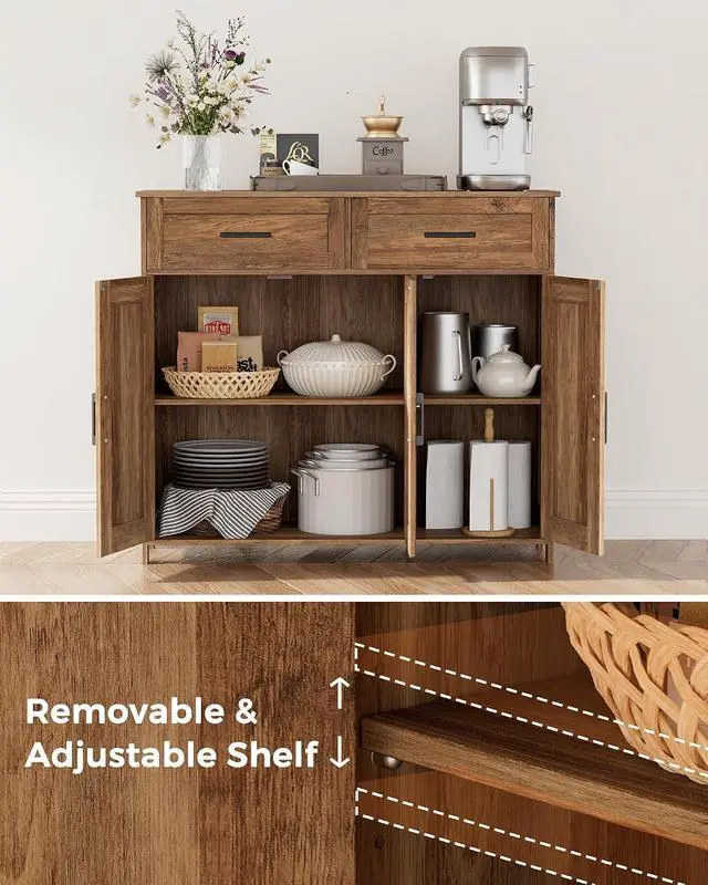 Alt view image 4 of 7 - Homhedy Coffee Bar Storage Cabinet with Drawers, Kitchen Buffet Cabinet | Sideboard Cabinet with Doors, Farmhouse Buffet Cabinet, Adjustable Shelves, for Kitchen / Dining / Living Room, Rustic Walnut