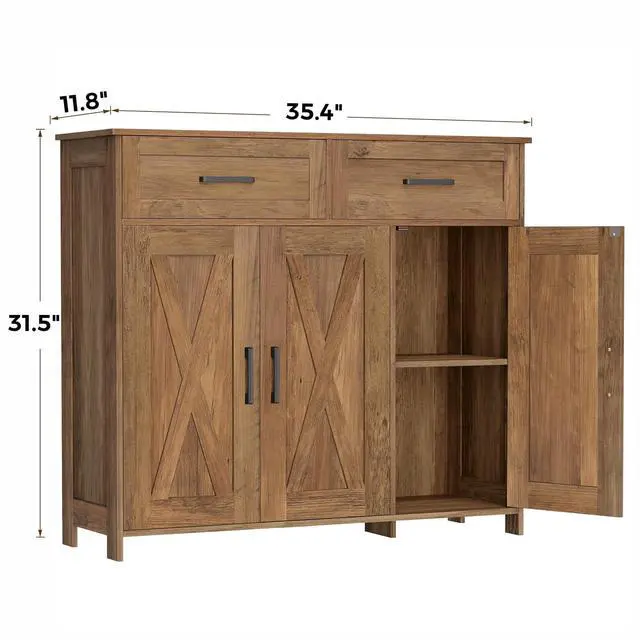Alt view image 2 of 7 - Homhedy Coffee Bar Storage Cabinet with Drawers, Kitchen Buffet Cabinet | Sideboard Cabinet with Doors, Farmhouse Buffet Cabinet, Adjustable Shelves, for Kitchen / Dining / Living Room, Rustic Walnut