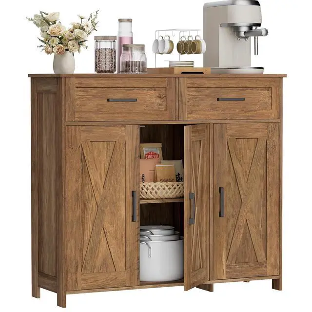 Alt view image 3 of 7 - Homhedy Coffee Bar Storage Cabinet with Drawers, Kitchen Buffet Cabinet | Sideboard Cabinet with Doors, Farmhouse Buffet Cabinet, Adjustable Shelves, for Kitchen / Dining / Living Room, Rustic Walnut