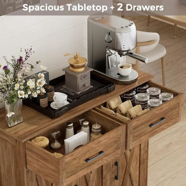Alt view image 5 of 7 - Homhedy Coffee Bar Storage Cabinet with Drawers, Kitchen Buffet Cabinet | Sideboard Cabinet with Doors, Farmhouse Buffet Cabinet, Adjustable Shelves, for Kitchen / Dining / Living Room, Rustic Walnut
