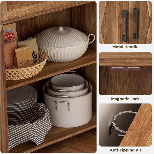 Alt view image 6 of 7 - Homhedy Coffee Bar Storage Cabinet with Drawers, Kitchen Buffet Cabinet | Sideboard Cabinet with Doors, Farmhouse Buffet Cabinet, Adjustable Shelves, for Kitchen / Dining / Living Room, Rustic Walnut