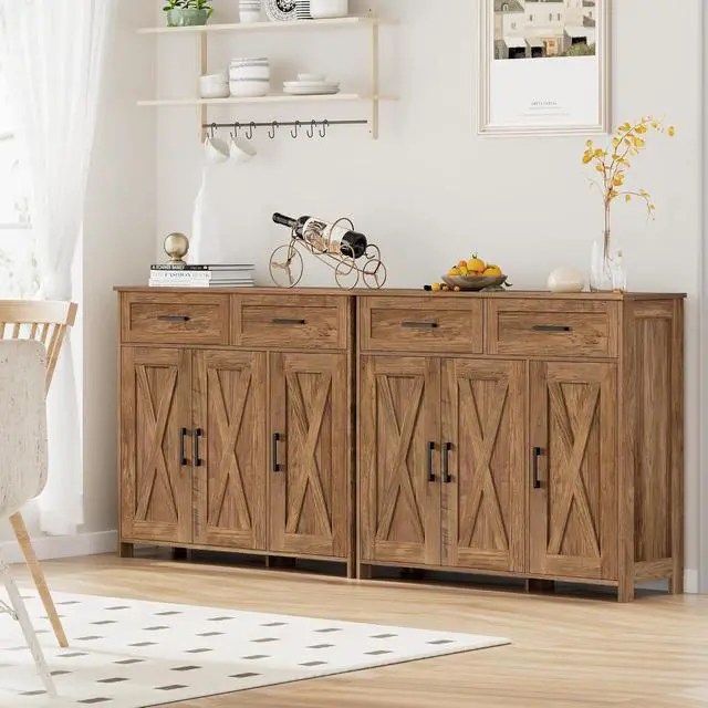 Alt view image 7 of 7 - Homhedy Coffee Bar Storage Cabinet with Drawers, Kitchen Buffet Cabinet | Sideboard Cabinet with Doors, Farmhouse Buffet Cabinet, Adjustable Shelves, for Kitchen / Dining / Living Room, Rustic Walnut
