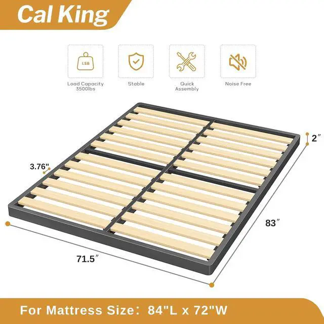 Alt view image 2 of 7 - MAF Cal King Size Box Spring 2 Inch with Round Corners and Wooden Slats | Low Profile Bunkie Board, Bed Slat Replacement, 3500 lbs Black Heavy Duty Metal Mattress Protection Foundation, Easy Assembly