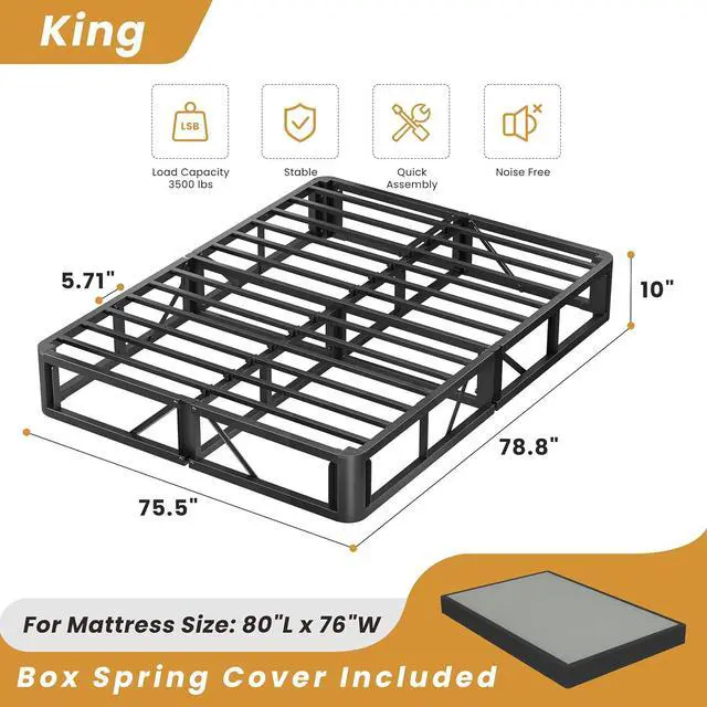 Alt view image 3 of 7 - MAF King Box Spring 10 Inch High Profile Metal Bed Base with Fabric Cover | 3500 lbs Black Heavy Duty Support, Round Corner Design, Metal Mattress Foundation, No Squeaky, Easy Assembly, Noise Free