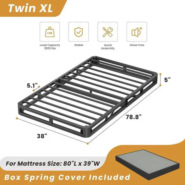 Alt view image 3 of 7 - MAF 5 Inch Twin XL Box Spring and Cover Set Low Profile Metal Bed Base | 3500 lbs Black Heavy Duty Support, Round Corner Design, Metal Mattress Foundation, No Squeaky, Easy Assembly, Noise Free