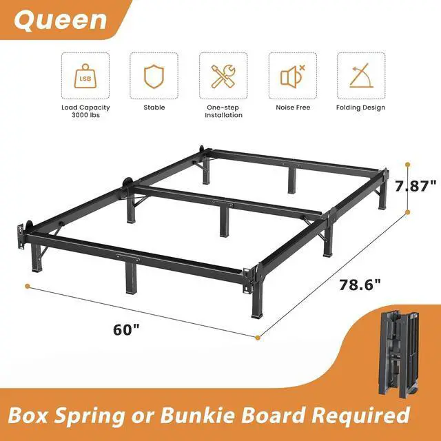 Alt view image 3 of 7 - MAF Metal Bed Frame Queen 8 Inches for Box Spring, 9-Legs Support Basics | Foldable Design, Tool-Free, Metal Bed Base, Headboard Attachable, Double Triangular Support, Easy Assembly, Noise Free, Black
