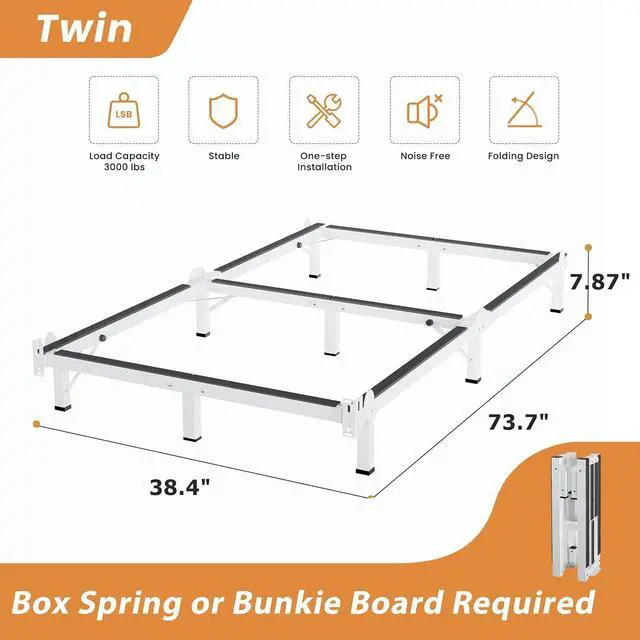 Alt view image 3 of 7 - MAF Metal Bed Frame Twin 8 Inches for Box Spring, 9-Legs Support Basics | Foldable Design, Tool-Free, Metal Bed Base, Headboard Attachable, Double Triangular Support, Easy Assembly, Noise Free, White