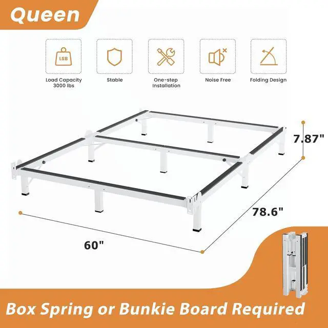 Alt view image 3 of 7 - MAF Metal Bed Frame Queen 8 Inches for Box Spring, 9-Legs Support Basics | Foldable Design, Tool-Free, Metal Bed Base, Headboard Attachable, Double Triangular Support, Easy Assembly, Noise Free, White