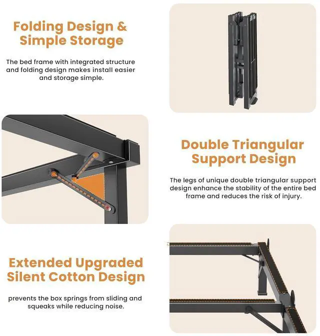 Alt view image 5 of 7 - MAF Metal Bed Frame Full 8 Inches for Box Spring, 9-Legs Support Basics | Foldable Design, Tool-Free, Metal Bed Base, Headboard Attachable, Double Triangular Support, Easy Assembly, Noise Free, Black