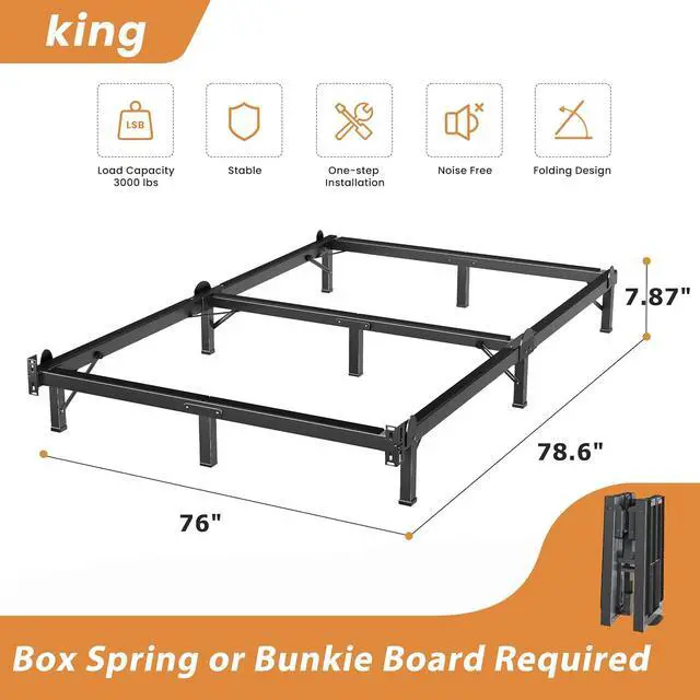Alt view image 3 of 7 - MAF Metal Bed Frame King 8 Inches for Box Spring, 9-Legs Support Basics | Foldable Design, Tool-Free, Metal Bed Base, Headboard Attachable, Double Triangular Support, Easy Assembly, Noise Free, Black
