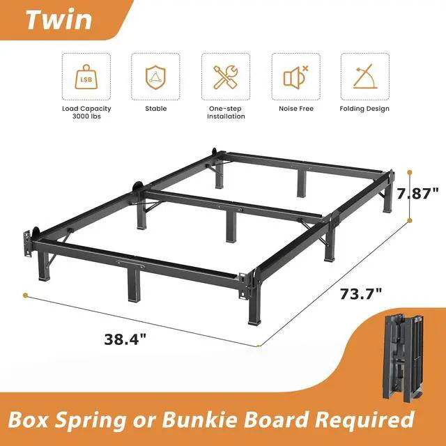 Alt view image 3 of 7 - MAF Metal Bed Frame Twin 8 Inches for Box Spring, 9-Legs Support Basics | Foldable Design, Tool-Free, Metal Bed Base, Headboard Attachable, Double Triangular Support, Easy Assembly, Noise Free, Black
