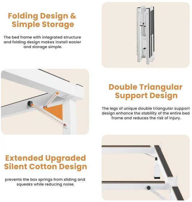 Alt view image 5 of 7 - MAF Metal Bed Frame Full 8 Inches for Box Spring, 9-Legs Support Basics | Foldable Design, Tool-Free, Metal Bed Base, Headboard Attachable, Double Triangular Support, Easy Assembly, Noise Free, White