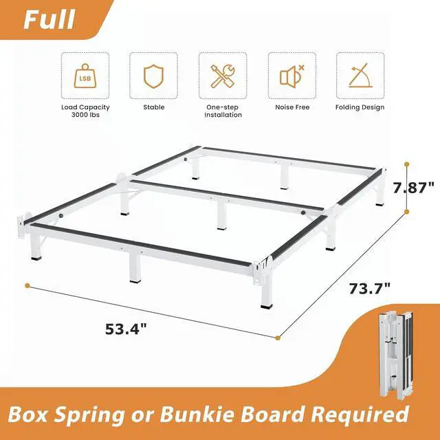 Alt view image 3 of 7 - MAF Metal Bed Frame Full 8 Inches for Box Spring, 9-Legs Support Basics | Foldable Design, Tool-Free, Metal Bed Base, Headboard Attachable, Double Triangular Support, Easy Assembly, Noise Free, White