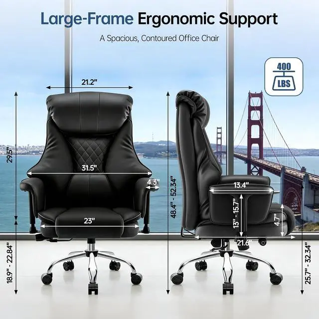 Alt view image 3 of 7 - AreShark Big and Tall Office Chair - Executive Leather Office Desk Chair with Adjustable Lumbar Support - Ergonomic Comfortable High Back Heavy Duty Computer Gaming Chair with Padded Arms & Wide Seat