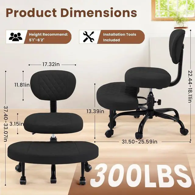 Alt view image 2 of 7 - AreShark Cross Legged Office Chair with Wheels, Kneeling Meditation Wide Criss Cross Swivel Ergonomic Chair with Back Support&Adjustable Height, ADHD Stool with Rotating Footrest for Yoga Home Office