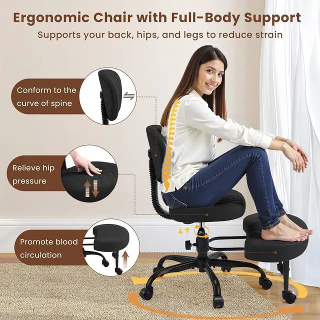Alt view image 7 of 7 - AreShark Cross Legged Office Chair with Wheels, Kneeling Meditation Wide Criss Cross Swivel Ergonomic Chair with Back Support&Adjustable Height, ADHD Stool with Rotating Footrest for Yoga Home Office